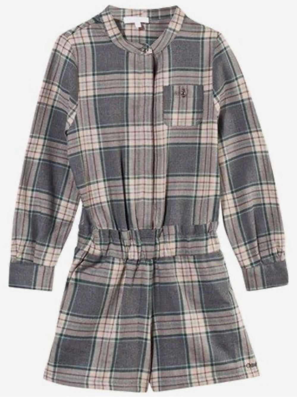 Chloe Kids Girls Plaid Check Long-Sleeve Playsuit/Romper, Gray, Size 8